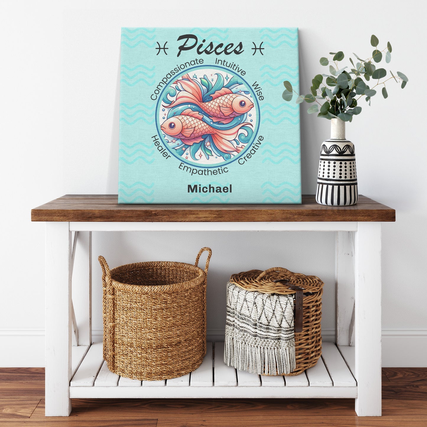 Pisces Fancy Square Canvas Wrap resting on a table with plant Mister Obtuse Eclectic Goods
