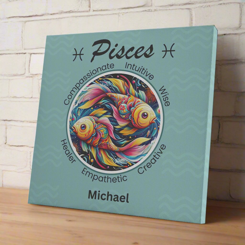 Pisces Personalized square canvas wrap on a shelf against a brick wall mister obtuse eclectic goods