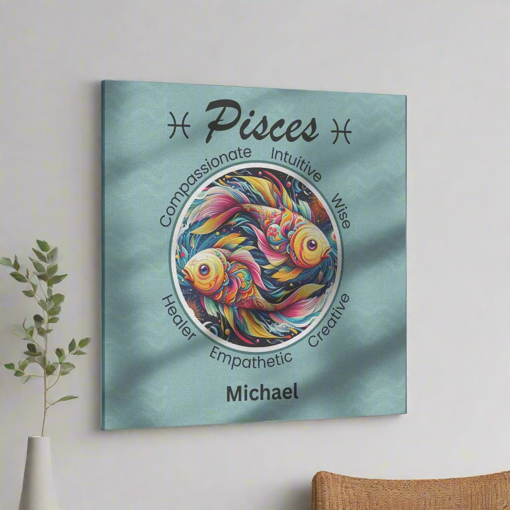 Pisces bold personalized square canvas wrap on wall with plant and chair mister obtuse eclectic goods