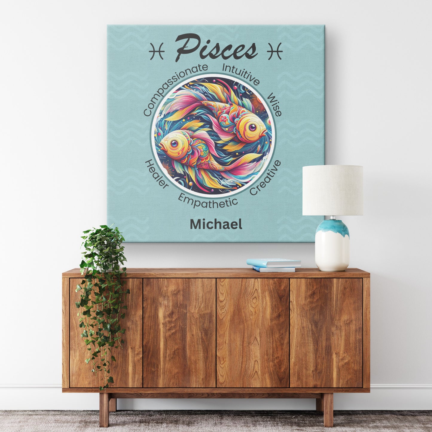 Pisces bold Square Canvas Wrap on white wall above credenza Mister Obtuse Eclectic Goods