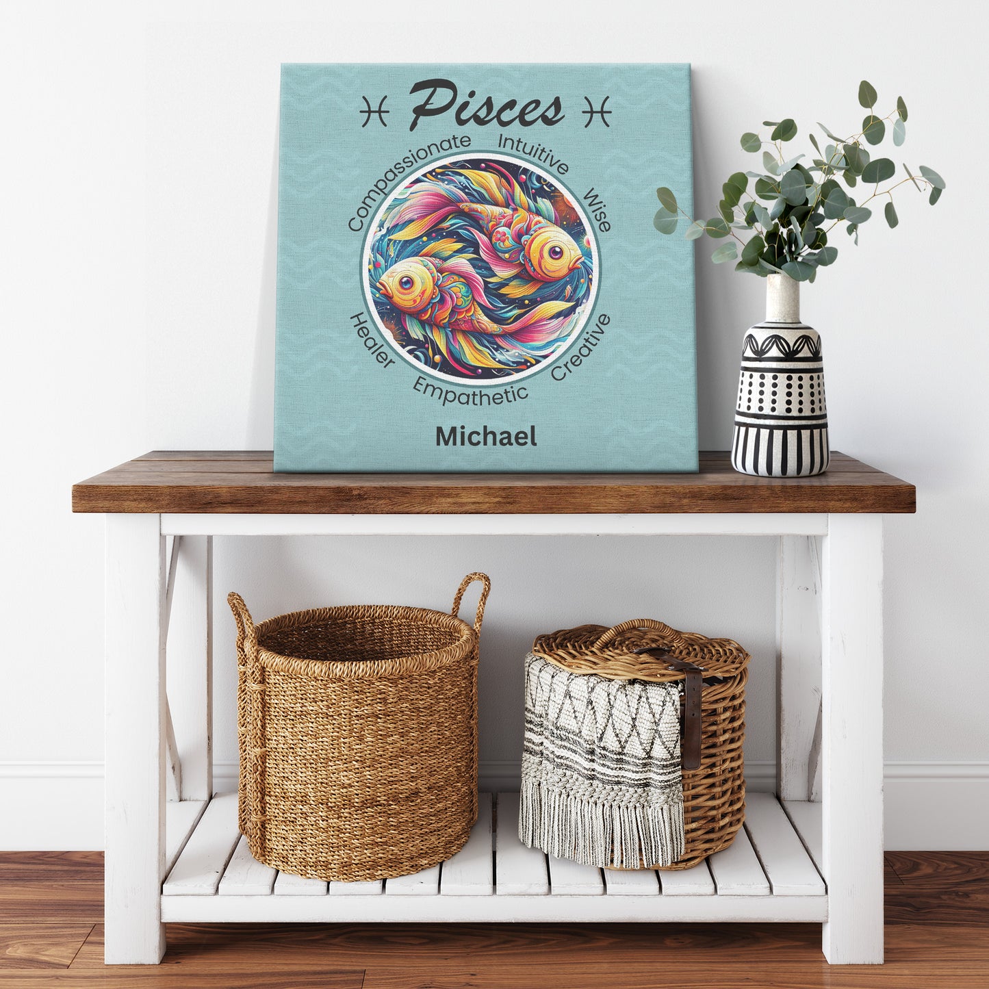 Pisces bold Square Canvas Wrap resting on table with plant Mister Obtuse Eclectic Goods