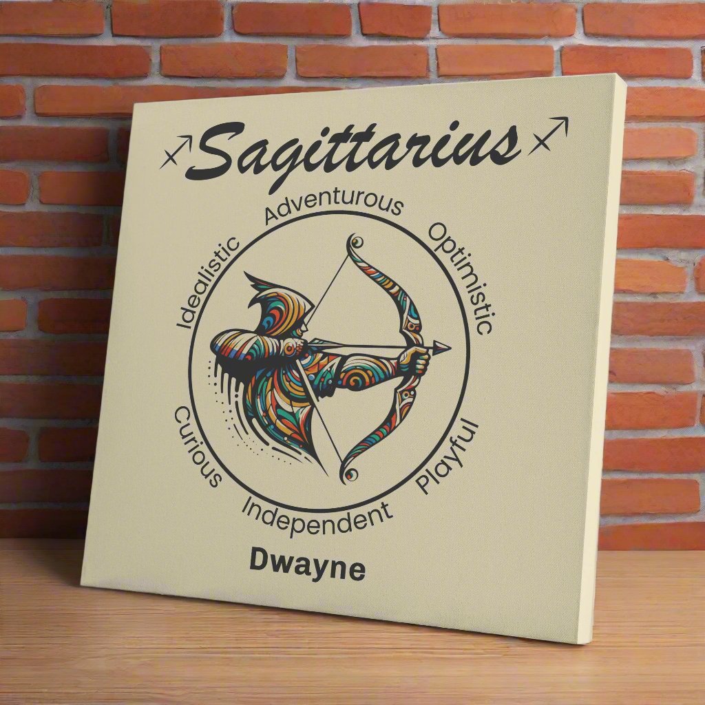Sagittarius aim true personalized canvas on wooden shelf with red brick wall mister obtuse eclectic goods