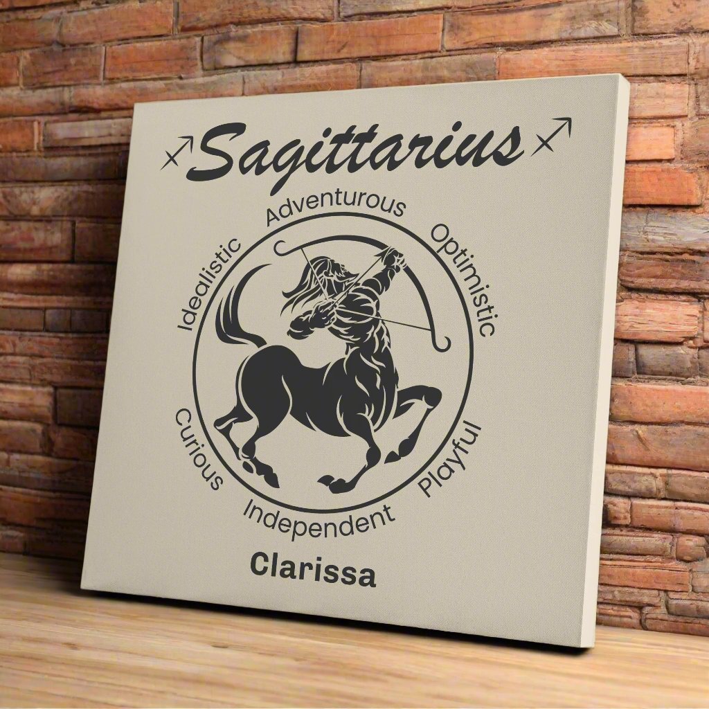 Sagittarius minimalist personalized canvas on wooden shelf with red brick wall mister obtuse eclectic goods