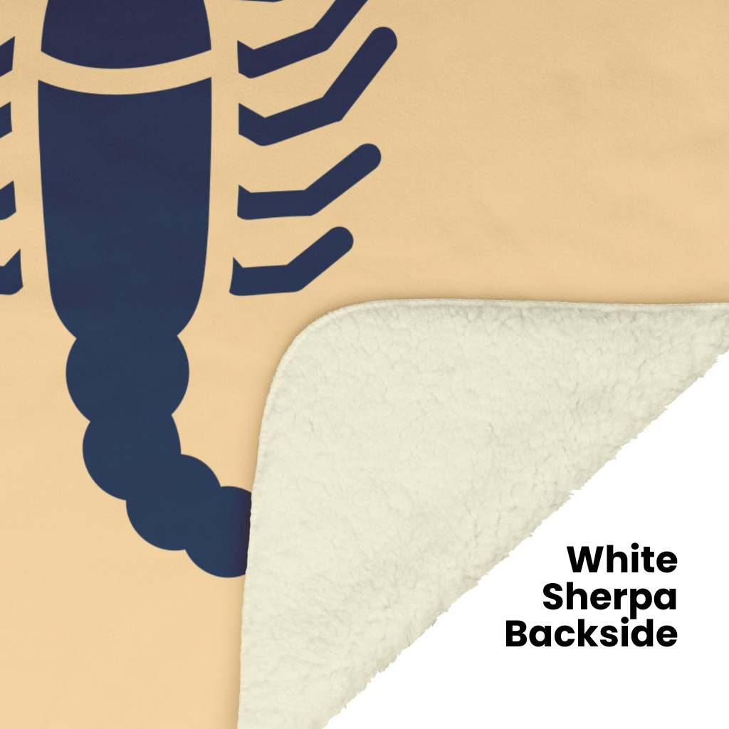 Scorpio Minimalist Fleece or sherpa blanket showing white sherpa backside mister obtuse eclectic goods