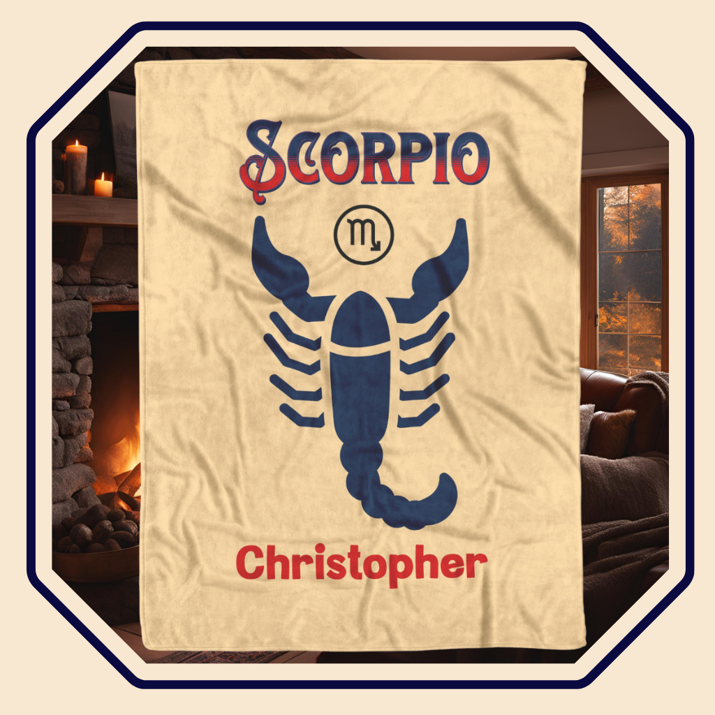 Scorpio Personalized Fleece or Sherpa Blanket showing white sherpa backside Mister Obtuse Eclectic Goods