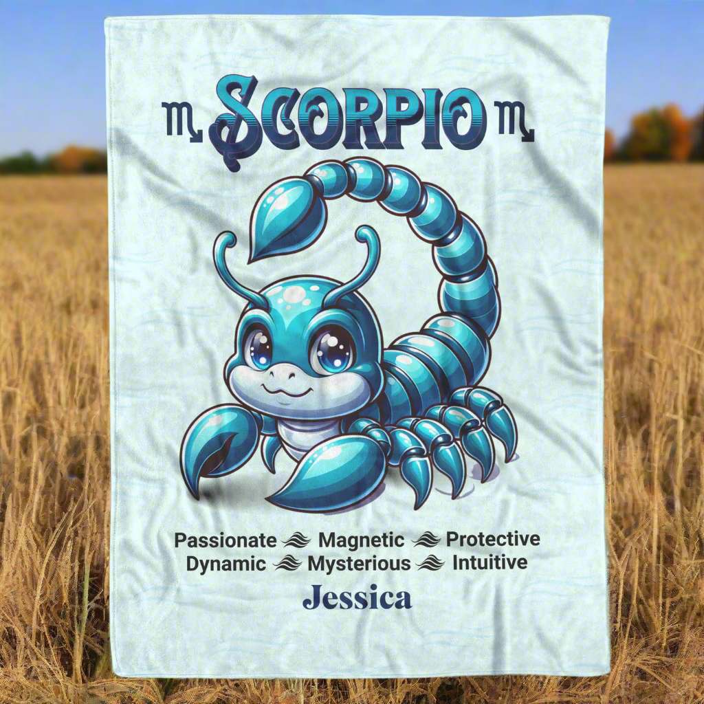 Scorpio personalized fleece or sherpa blanket in a hay field setting mister obtuse eclectic goods