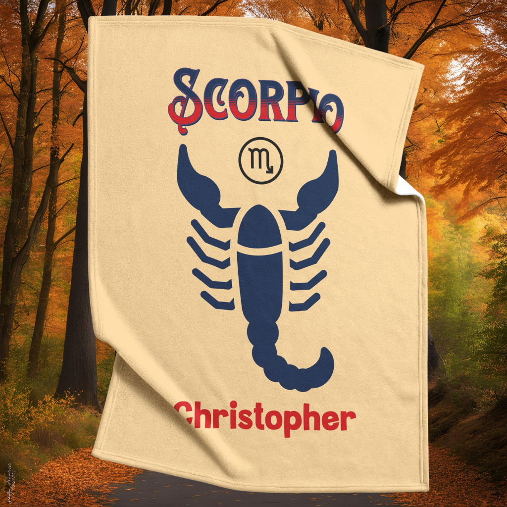 Scorpio Personalized Fleece or Sherpa Blanket in a fall setting Mister Obtuse Eclectic Goods