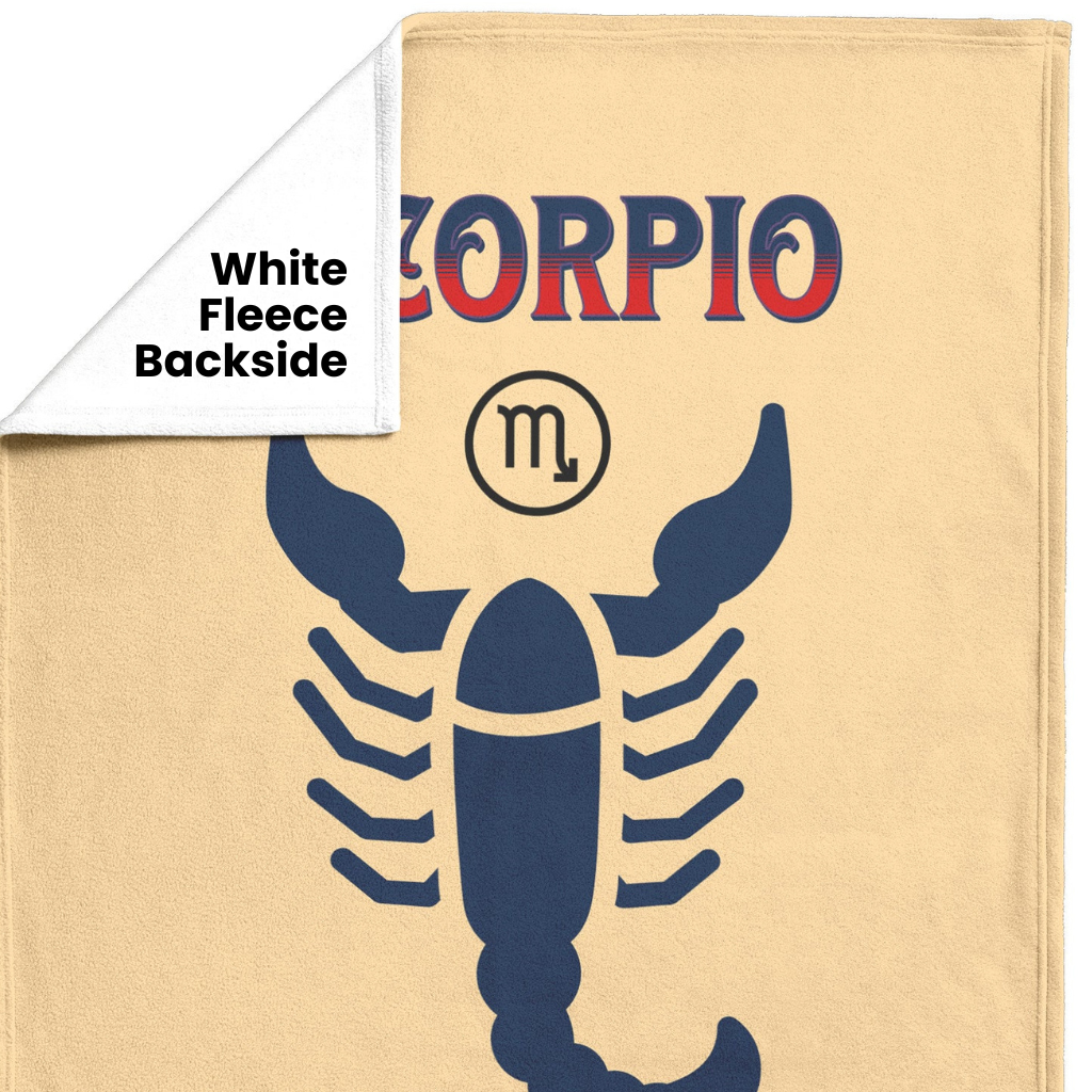 Scorpio Personalized Fleece or Sherpa Blanket showing white fleece backside Mister Obtuse Eclectic Goods