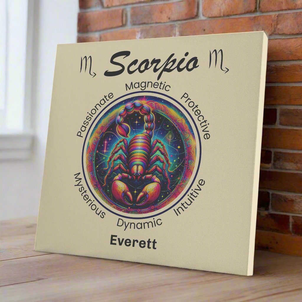 Scorpio Stellar Mystery Personalized Square Canvas Wrap on brick wall near window mister obtuse eclectic goods