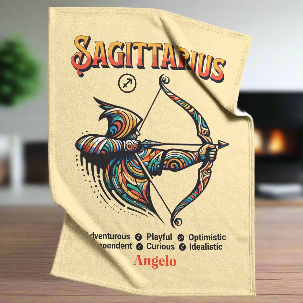 Sagittarius Fleece or Sherpa Blanket in living room setting with fireplace Mister Obtuse Eclectic Goods