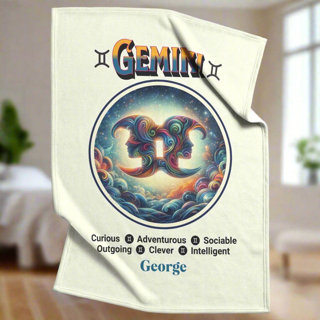 Gemini Personalized Fleece or Sherpa Blanket in a bedroom setting Mister Obtuse Eclectic Goods