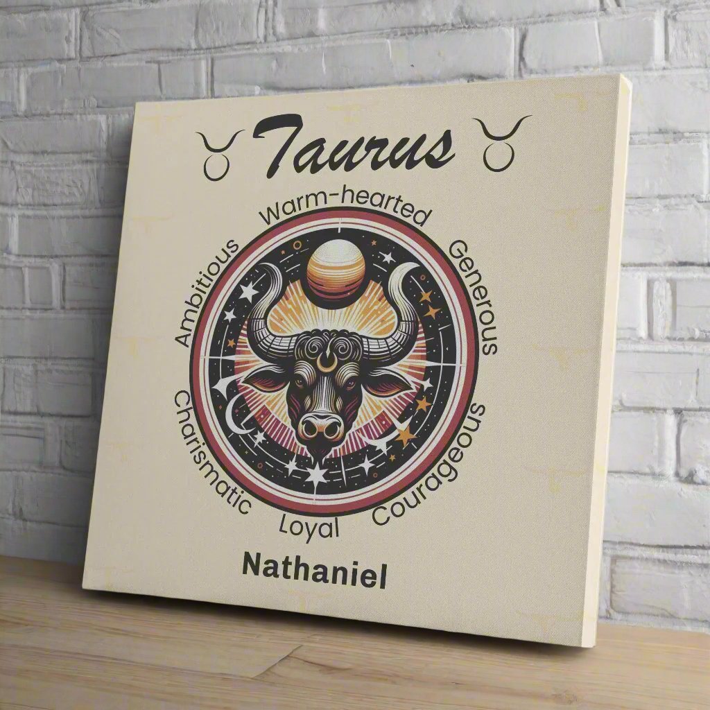 Taurus in the stars personalized square canvas wrap resting on shelf with white brick wall mister obtuse eclectic goods