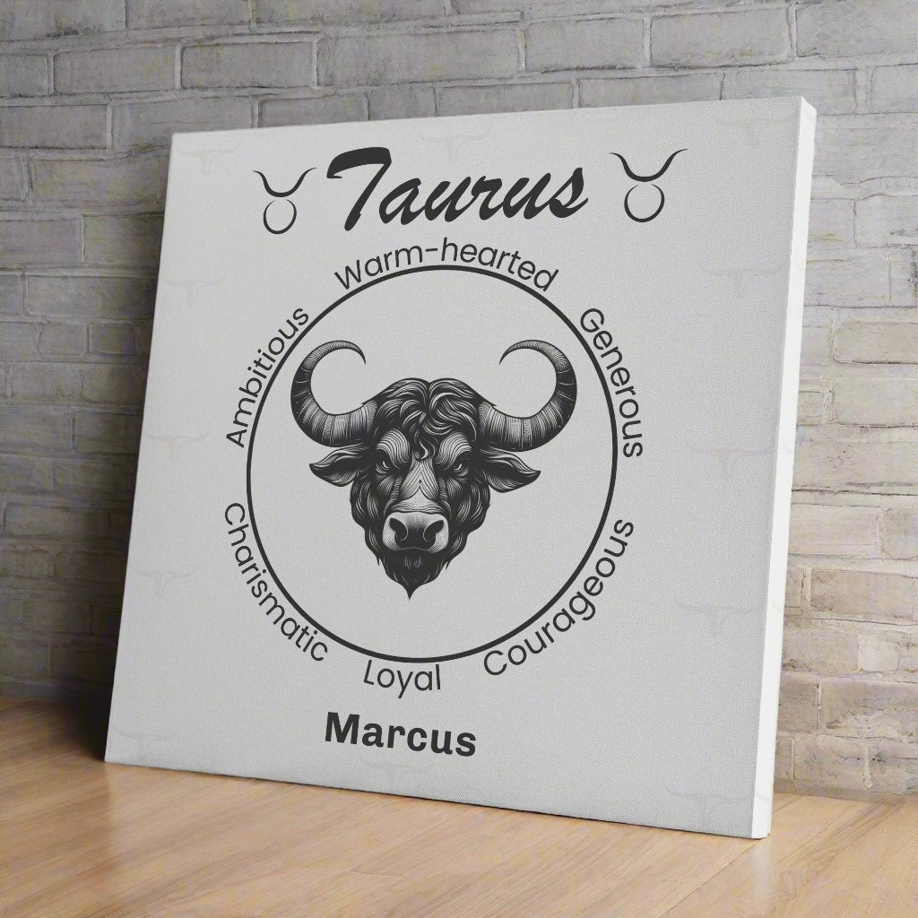 Taurus Minimalist Personalized Square Canvas Wrap resting on shelf with brick wall mister obtuse eclectic goods