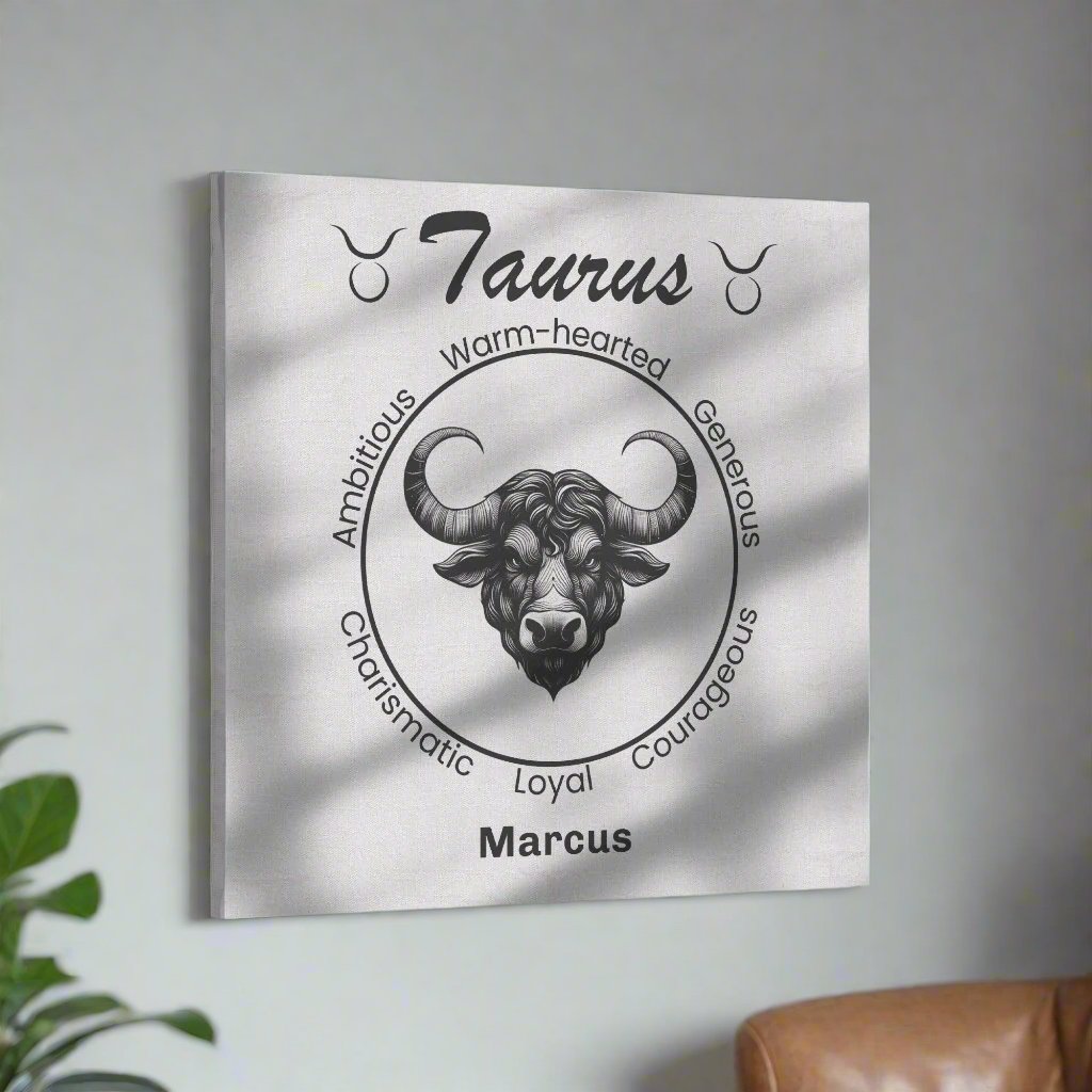 Taurus Minimalist Personalized Square Canvas Wrap hanging on living room wall mister obtuse eclectic goods