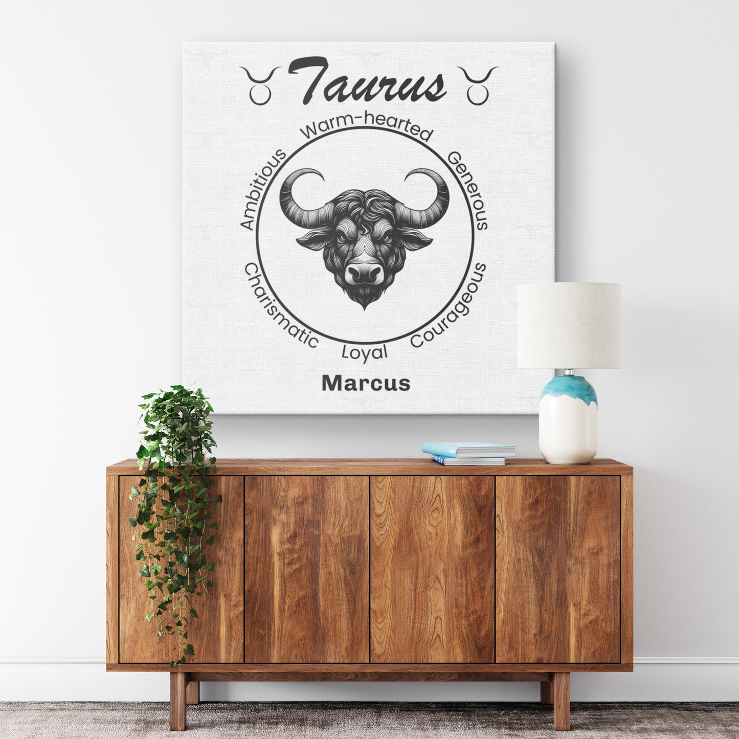 Taurus Minimalist Personalized Square Canvas Wrap on wall above cabinet mister obtuse eclectic goods