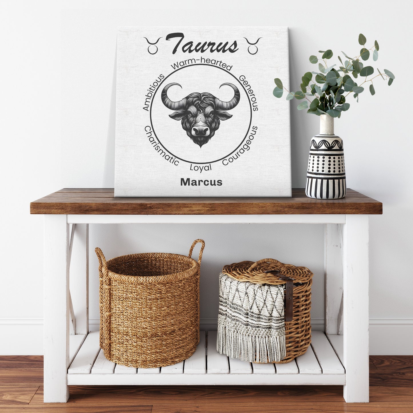 Taurus Minimalist Personalized Square Canvas Wrap resting on shelf with plant mister obtuse eclectic goods