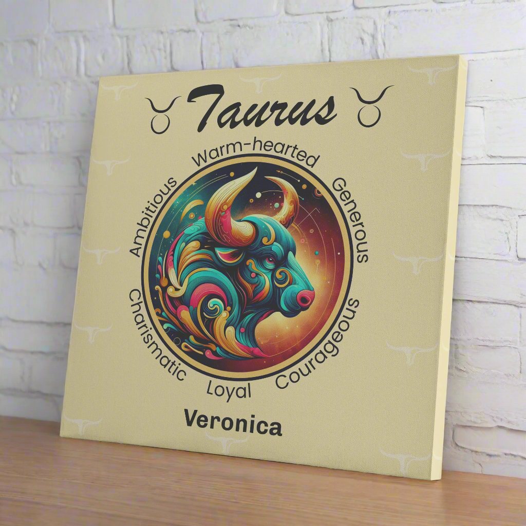 Taurus Universe Personalized Square Canvas Wrap resting on shelf with brick wall mister obtuse eclectic Goods