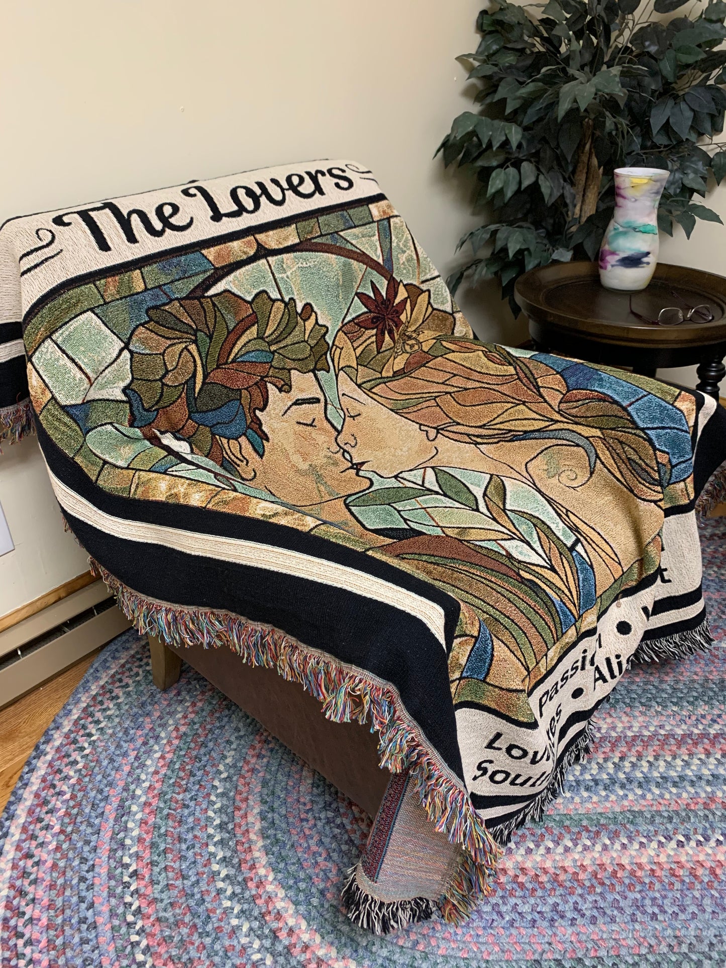 The Lovers Tarot Card Heirloom Blanket_Deaped Over Chair_mromugs_mister obtuse eclectic goods_5241
