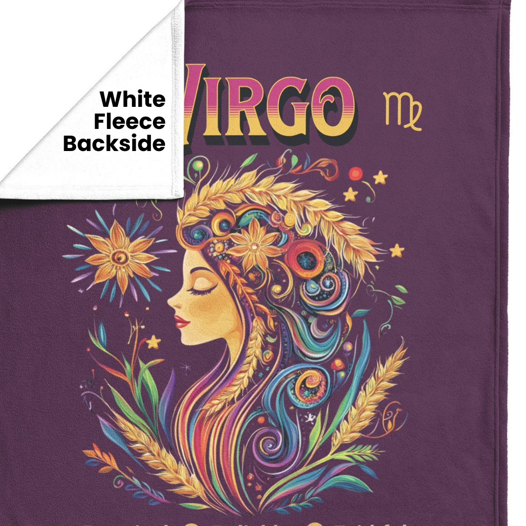 Virgo Fleece or Sherpa Blanket showing white fleece backside Mister Obtuse Eclectic Goods