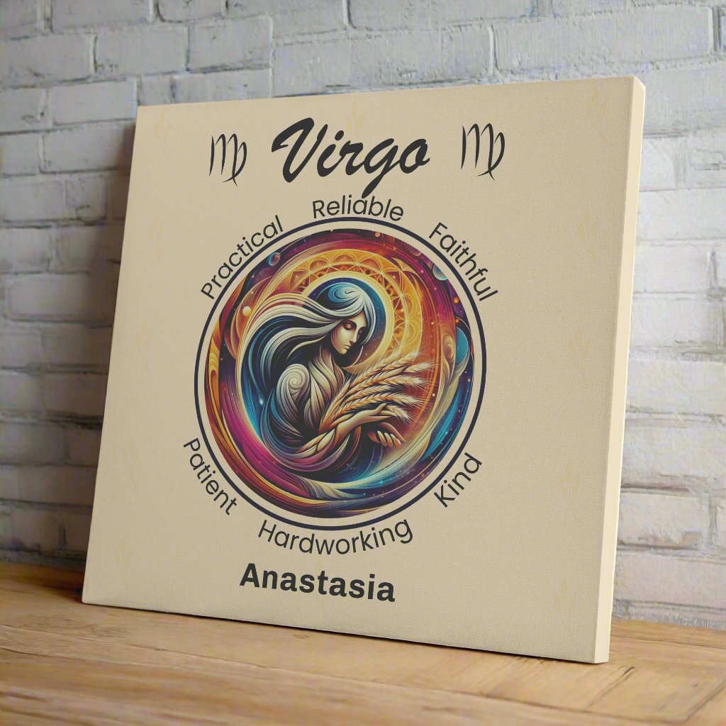 virgo harvest personalized canvas on wooden shelf with white brick wall mister obtuse eclectic goods
