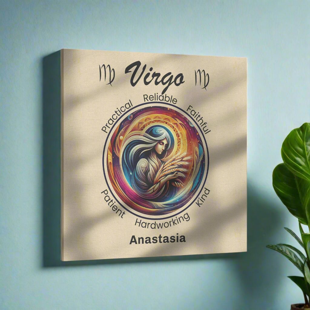 Virgo harvest Personalized Square Canvas Wrap on light blue wall mister obtuse eclectic goods