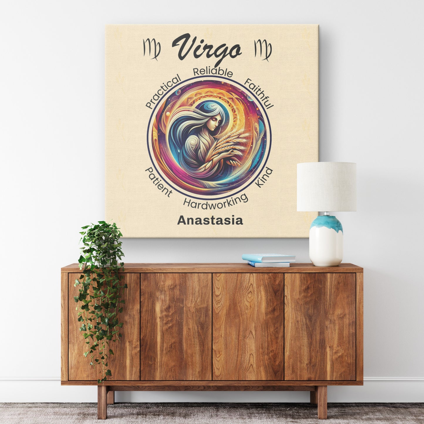 Virgo harvest Personalized Square Canvas Wrap on wall above cabinet mister obtuse eclectic goods