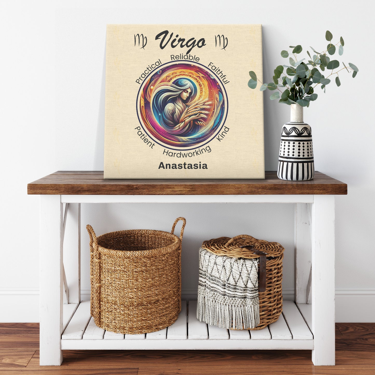 Virgo harvest Personalized Square Canvas Wrap on cabinet shelf with plant mister obtuse eclectic goods