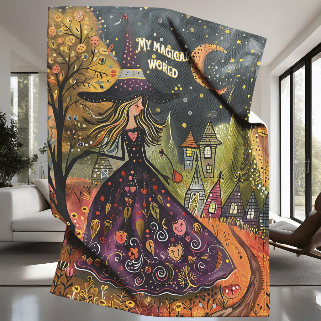 Witch's Magical World Non-Personalized Fleece or sherpa blanket in living room setting mister obtuse eclectic goods