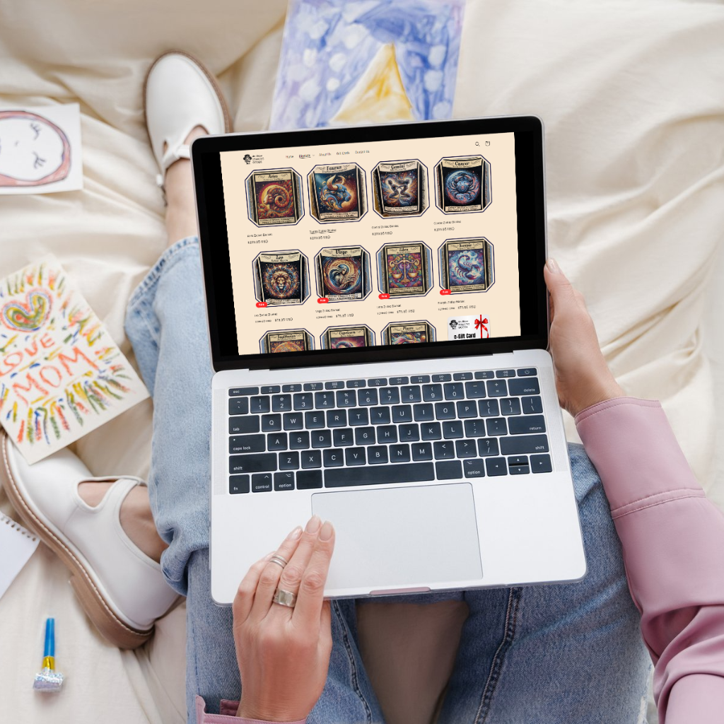 Woman on laptop choosing from Mister Obtuses zodiac and tarot blankets