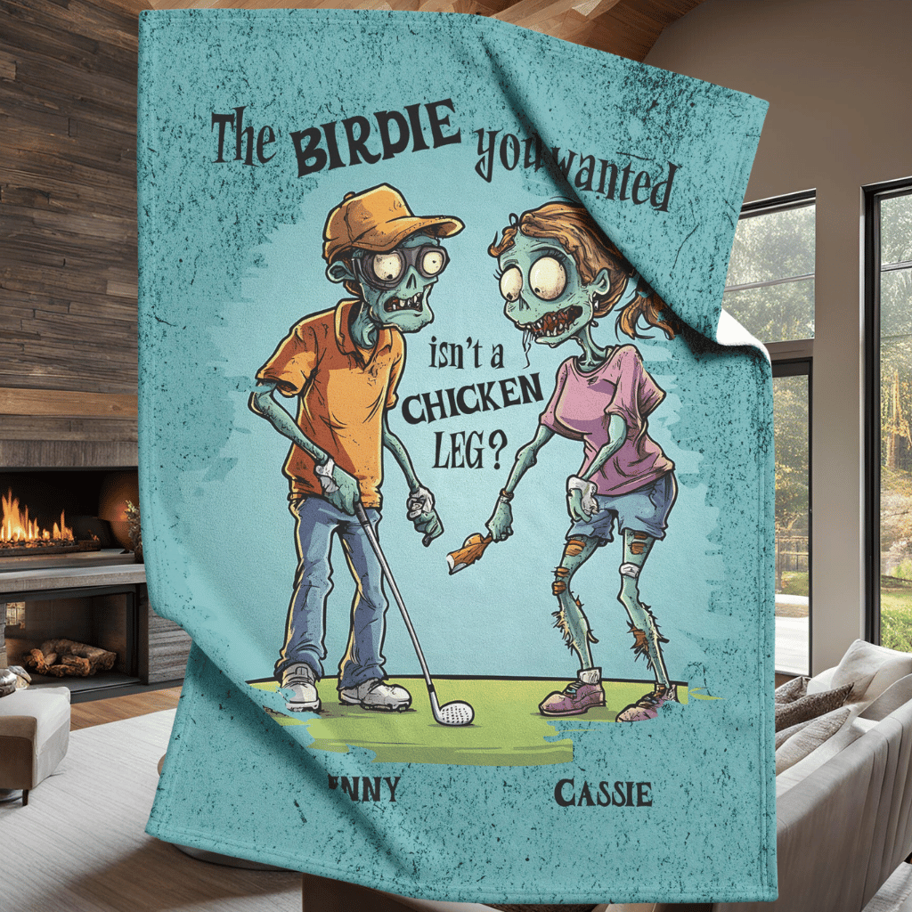 Zombie Golf Sweethearts Personalized Fleece or sherpa blanket in living room setting mister obtuse eclectic goods