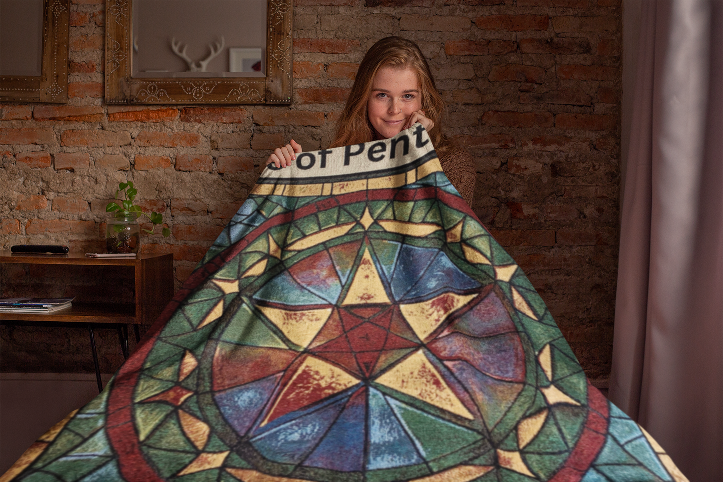 Ace of pentacles heirloom blanket with girl holding it playfully mister obtuse eclectic goods