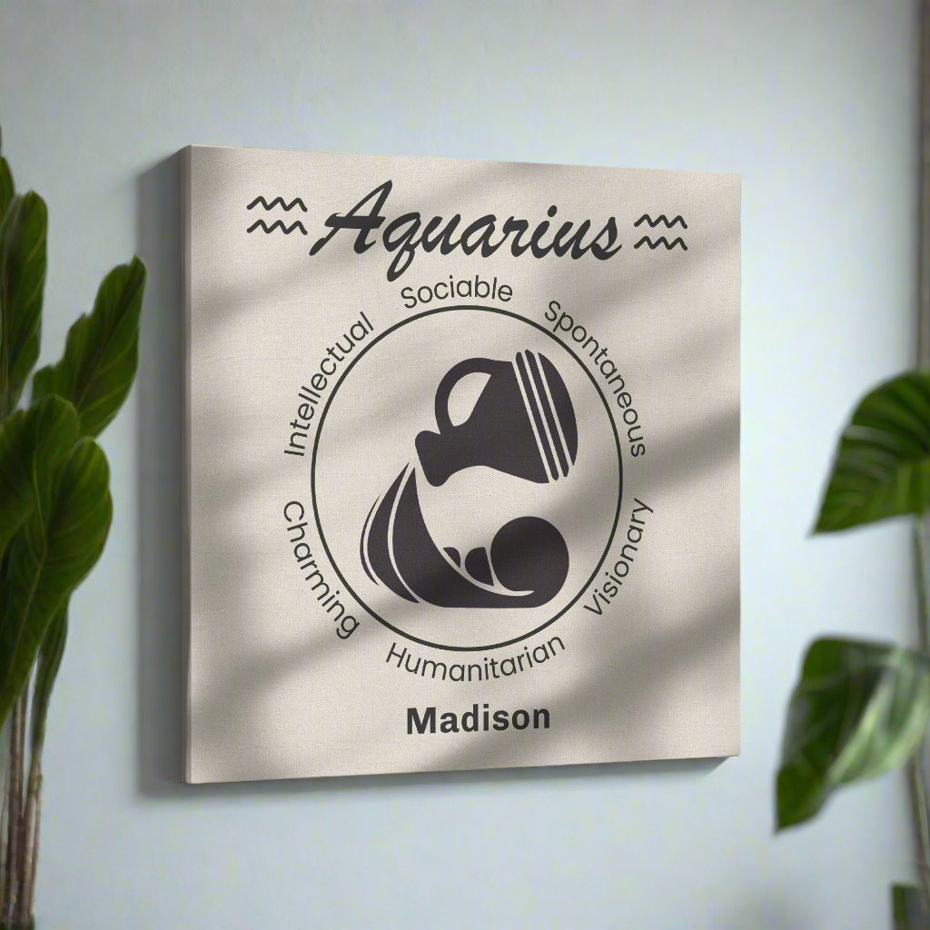 Aquarius Minimalist Personalized Square Canvas Wrap on light blue wall surrounded by plants mister obtuse eclectic goods