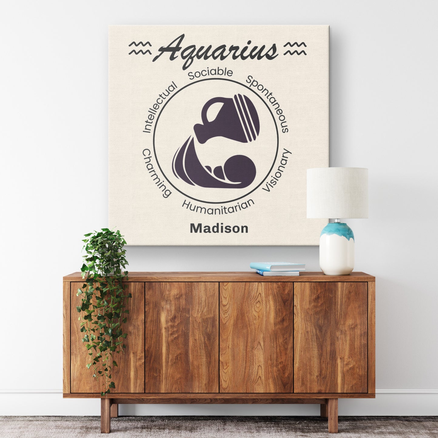 Aquarius Minimalist Personalized Square Canvas Wrap on wall above cabinet mister obtuse eclectic goods