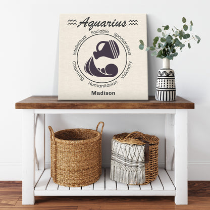 Aquarius Minimalist Personalized Square Canvas Wrap on cabinet shelf with plant mister obtuse eclectic goods