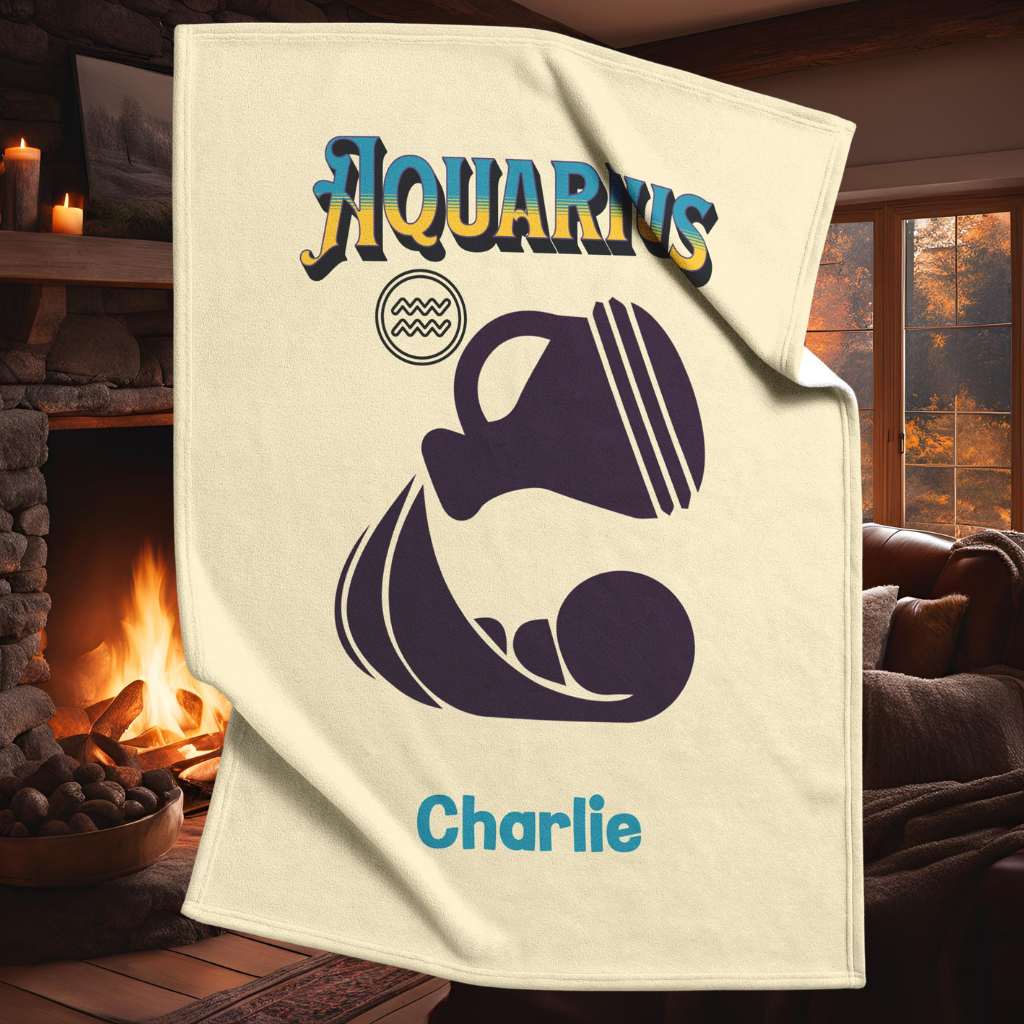 Aquarius Minimalist Personalized Fleece or Sherpa Blanket in a fireplace setting Mister Obtuse Eclectic Goods