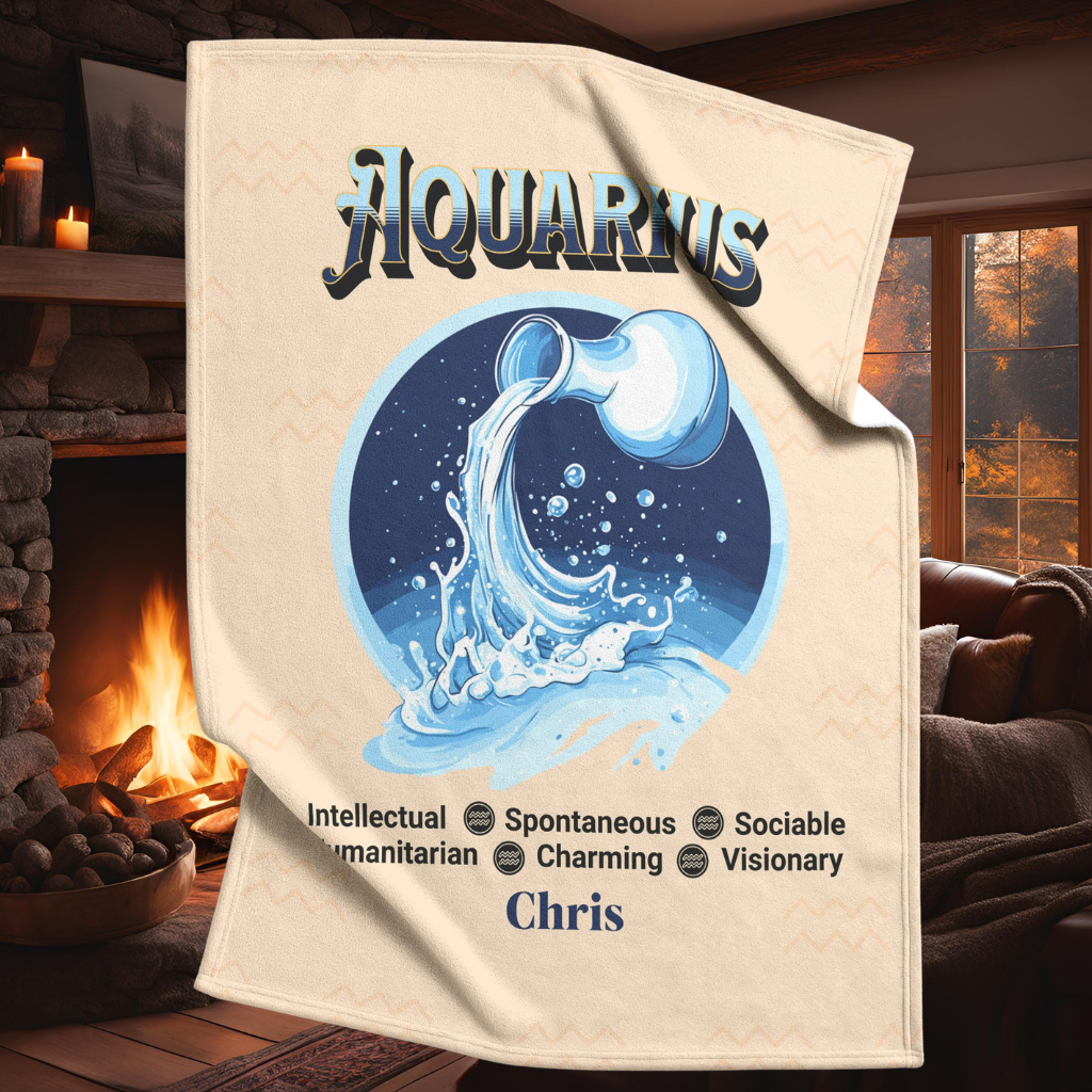 Aquarius Personalized Fleece or Sherpa Blanket fireplace setting Mister Obtuse Eclectic Goods