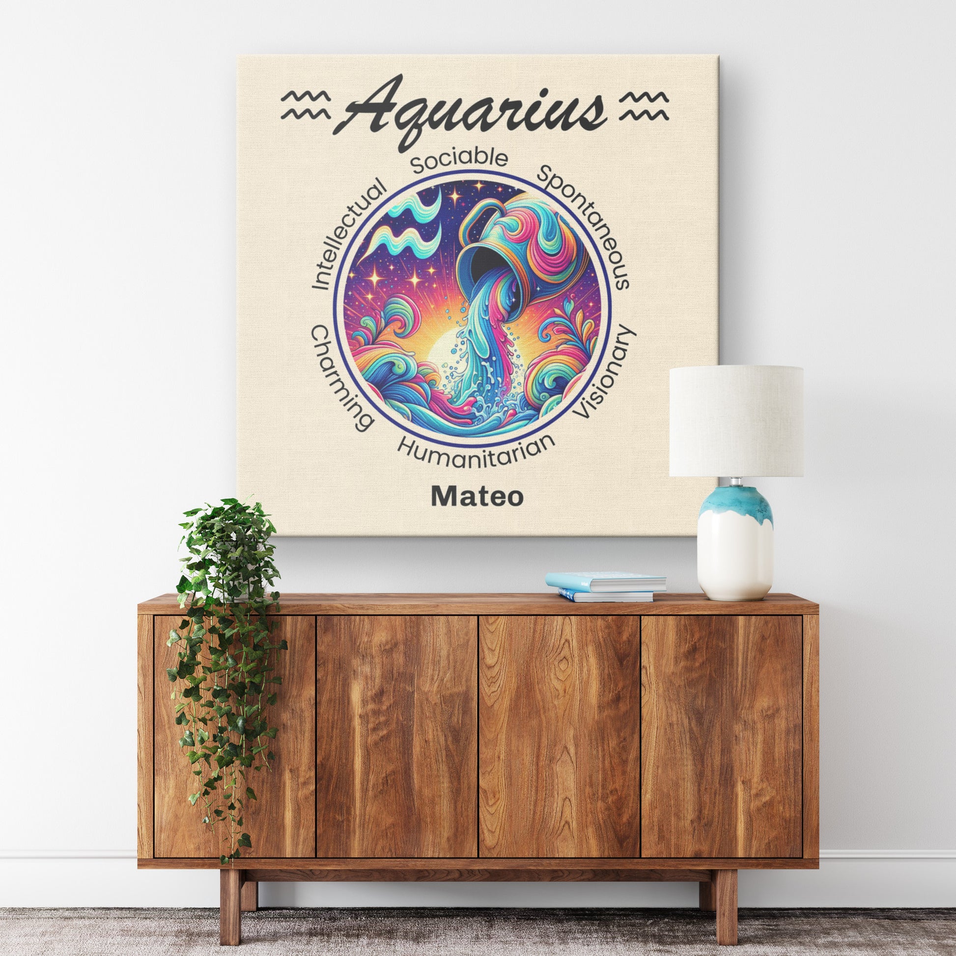 Aquarius Vibrant Flow Personalized Square Canvas Wrap on wall above cabinet mister obtuse eclectic goods