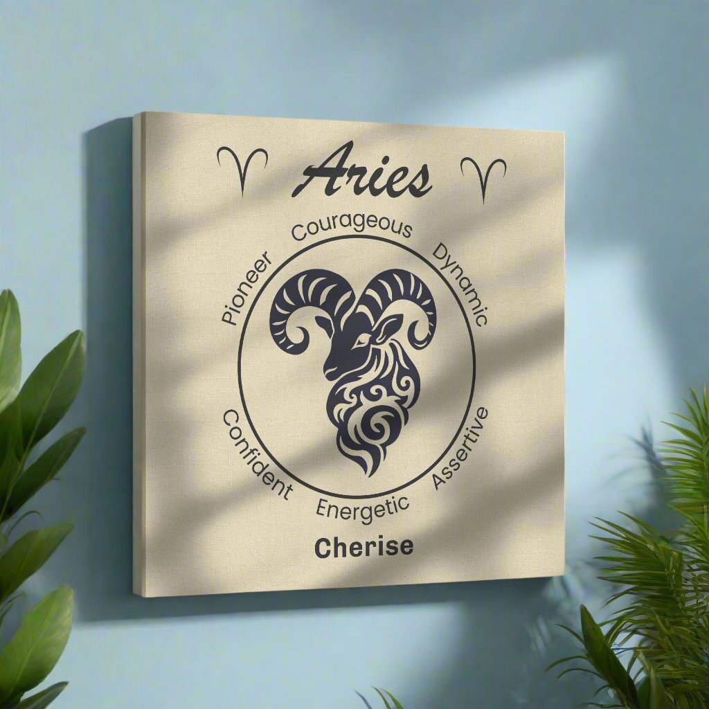 Aries Minimalist Personalized Square Canvas Wrap on light blue wall mister obtuse eclectic goods