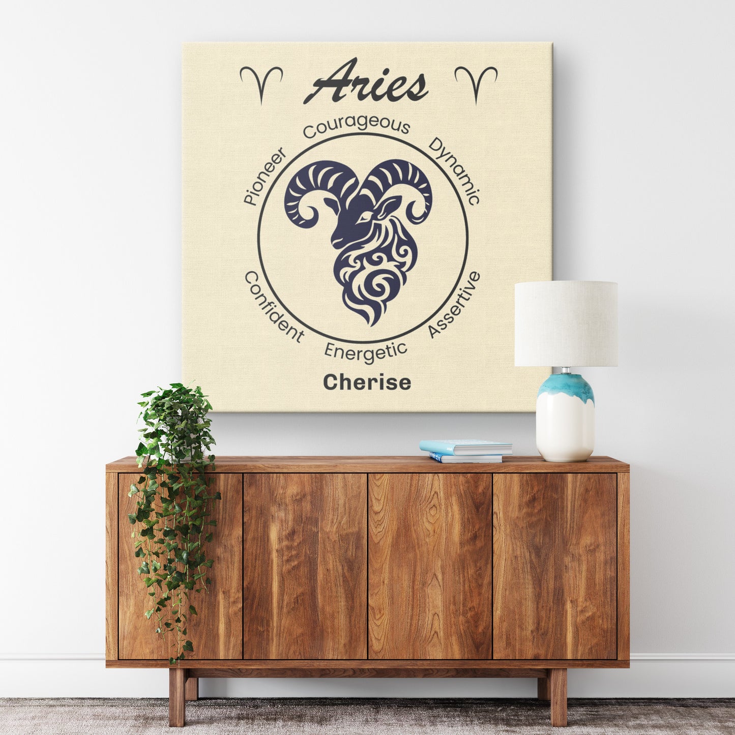 Aries Minimalist Personalized Square Canvas Wrap on wall above cabinet mister obtuse eclectic goods