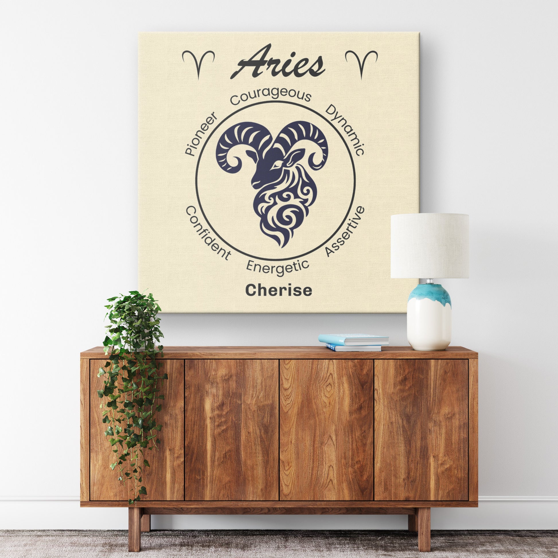 Aries Minimalist Personalized Square Canvas Wrap on wall above cabinet mister obtuse eclectic goods