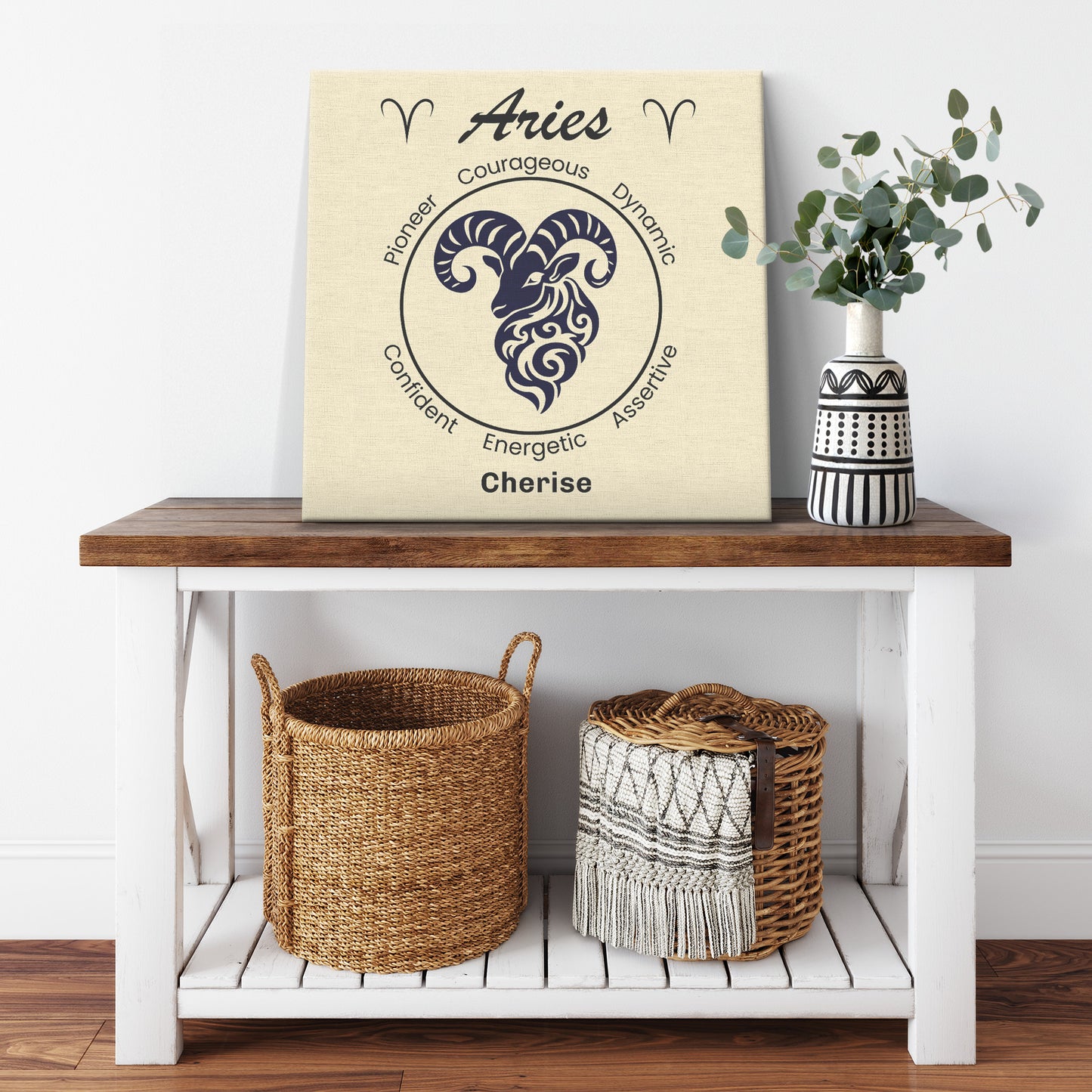 Aries Minimalist Personalized Square Canvas Wrap on cabinet shelf with plant mister obtuse eclectic goods