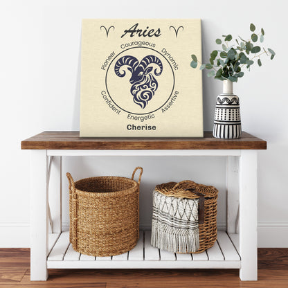 Aries Minimalist Personalized Square Canvas Wrap on cabinet shelf with plant mister obtuse eclectic goods