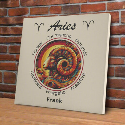 Aries Rising Personalized Square Canvas Wrap on wooden shelf with red brick wall mister obtuse eclectic goods