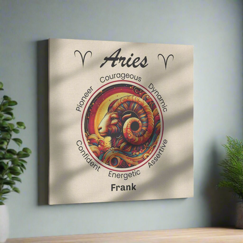 Aries Rising Personalized Square Canvas Wrap on light blue wall mister obtuse eclectic goods