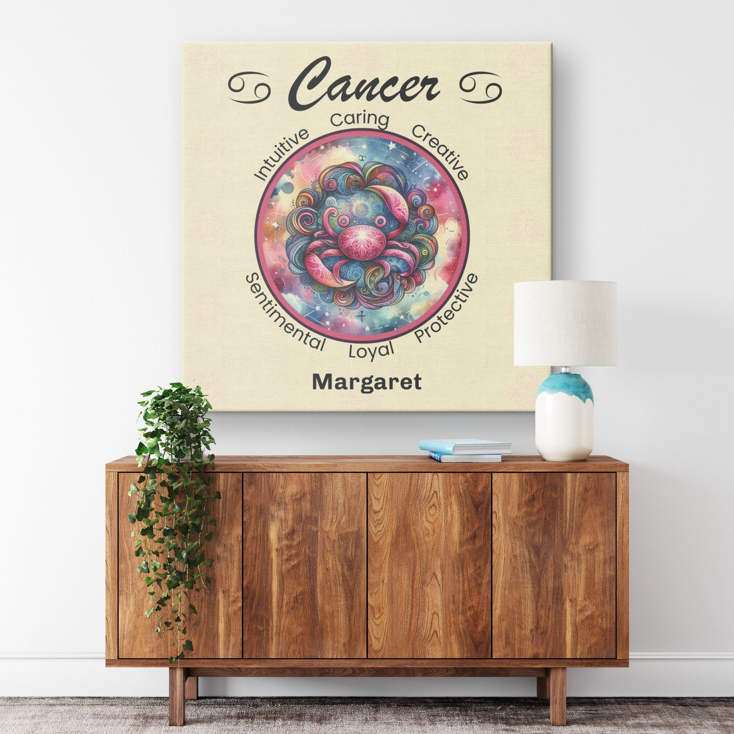 Cancer Cosmic Dreams Personalized Square Canvas Wrap on wall above cabinet mister obtuse eclectic goods