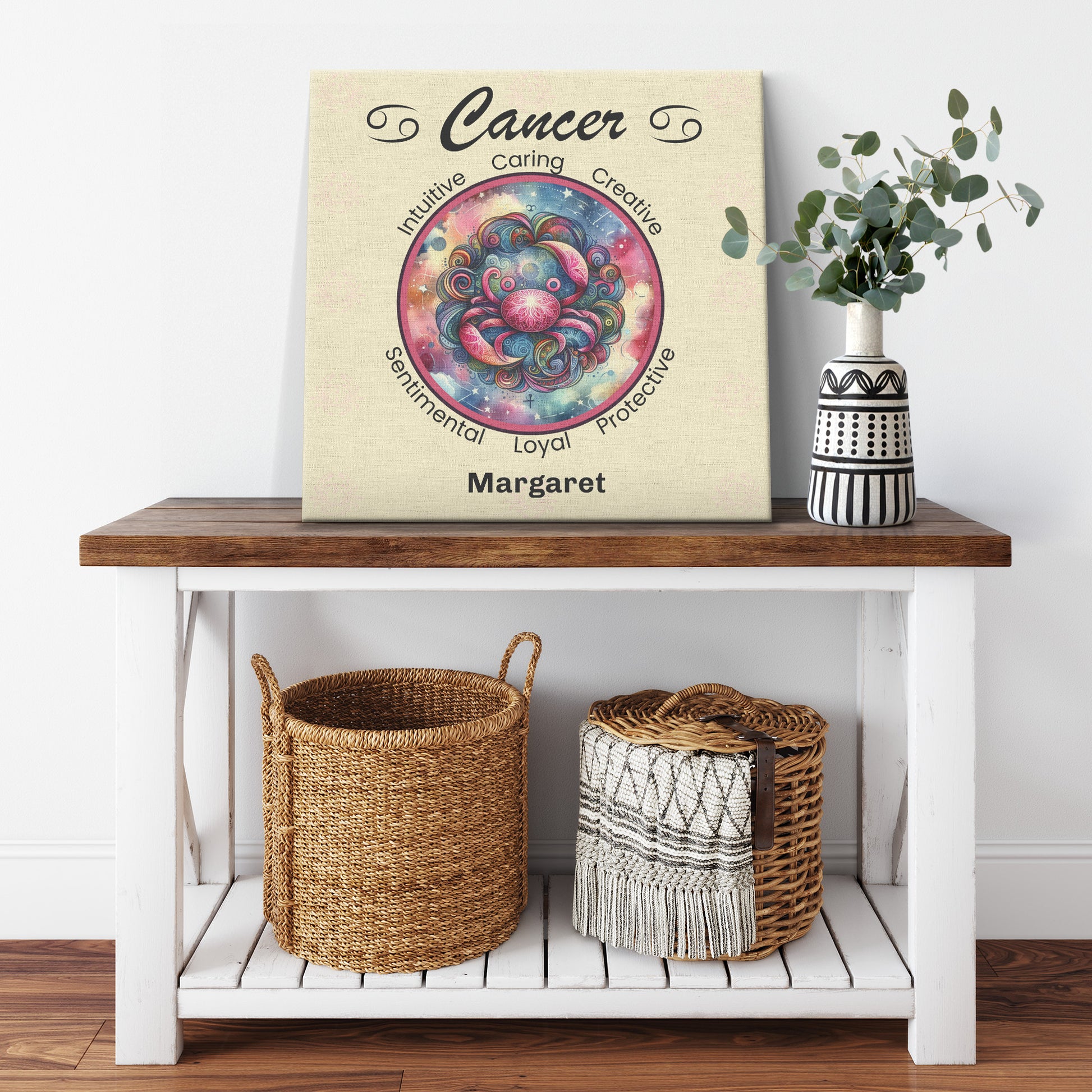 Cancer Cosmic Dreams Personalized Square Canvas Wrap on shelf with plant mister obtuse eclectic goods