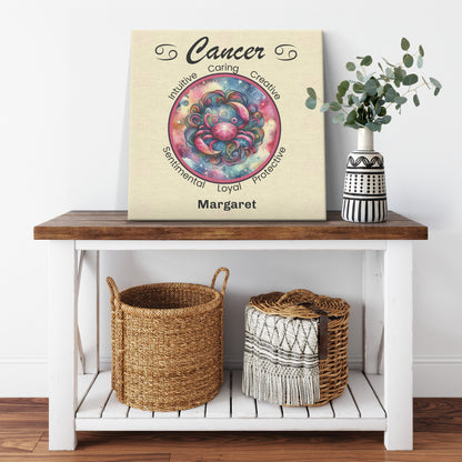 Cancer Cosmic Dreams Personalized Square Canvas Wrap on shelf with plant mister obtuse eclectic goods