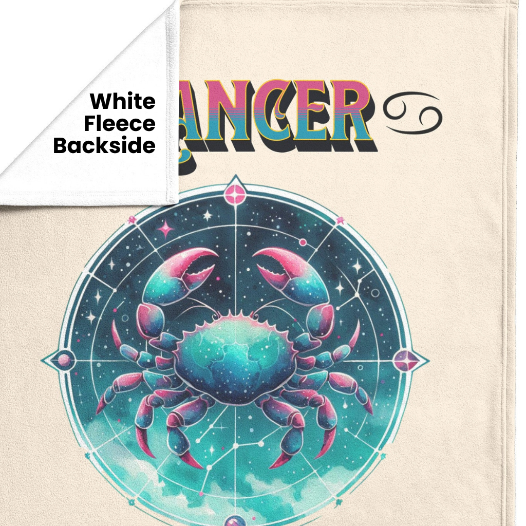 Cancer Fleece or sherpa blanket showing white fleece backside mister obtuse eclectic goods
