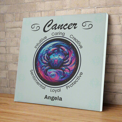 Cancer Night Sky Personalized Square Canvas Wrap on wood shelf with white brick wall mister obtuse eclectic goods