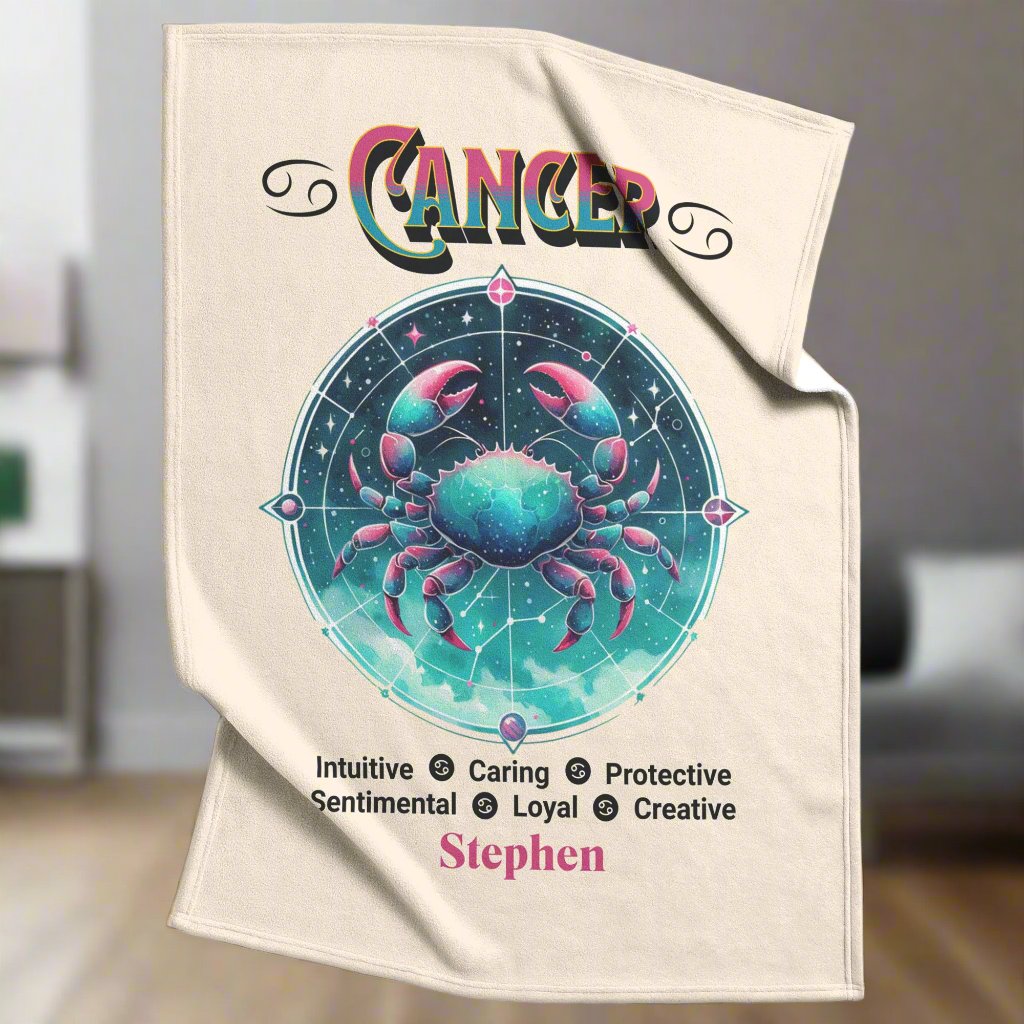 Cancer personalized fleece or sherpa blanket in living room setting mister obtuse eclectic goods